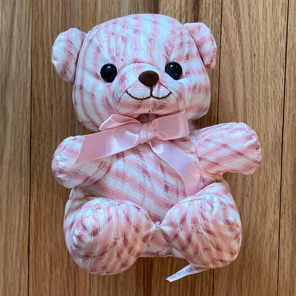 NWOT Saks Fifth Avenue Vintage Pink/White w/It. tan Striped Bear, stuffed muslin